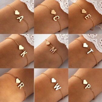 1pc Fashionable Minimalist Style Heart & Letter Detail Bracelet For Women, Luxury & Versatile & Unique Design & Delicate & High-End Chain Link Bracelet, Daily Wear & Gift Valentines