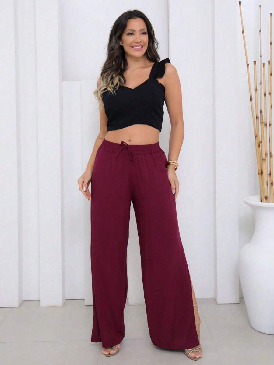 Women Pants - 酒紅色 - 查看 1