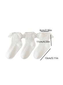 3 Paare Kniehohe Socken Für Süße Mädchen Mit Spitze, Tasseln Und Schleifen, Weiche, Atmungsaktive Mesh-stoff, Reinweiß