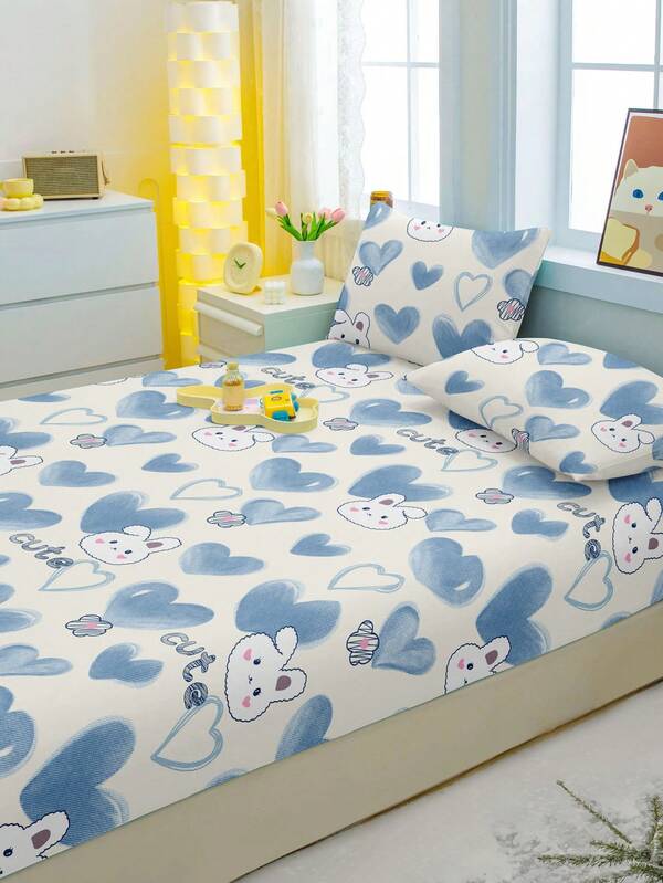 1pc Mia Pattern Printed Brushed Fitted Sheet, Bedroom Bedding