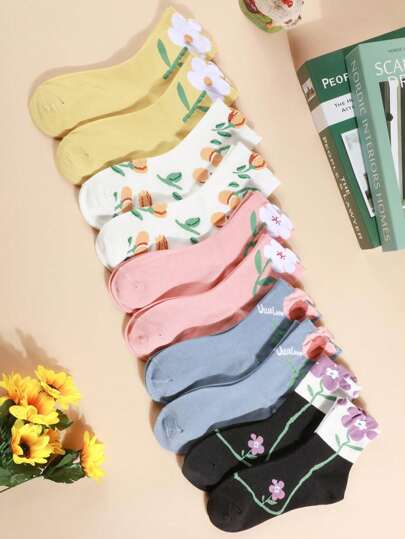 Mujers 10 Pares Calcetines De Media Pantorrilla Con Diseño Con Pétalos 3D,Calcetines De Tripulación Con Patrón Floral Suaves Y Cómodo
