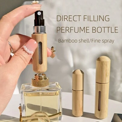 1pc 5ml And 1pc 8ml Perfume Atomizer Bottle With Bamboo Shell, Small Refillable Spray Bottle