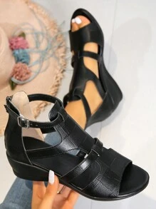 2024年夏季新款女士露趾坡跟凉鞋，尖头，优雅性感，百搭 - 黑色 - 查看 2