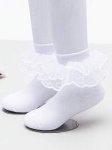 1 par de calcetines cortos con adorno de encaje de unicolor para niñas, estilo princesa para niñas pequeñas y niñas grandes