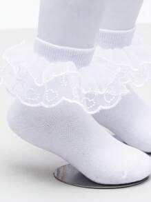 1 par de calcetines cortos con adorno de encaje de unicolor para niñas, estilo princesa para niñas pequeñas y niñas grandes