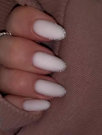 24pcs White Round Head Manicure With Simple European And American Style And Glitter Powder,1pc Jelly Gel & 1pc Nail File Press On Nails Nail Supplies