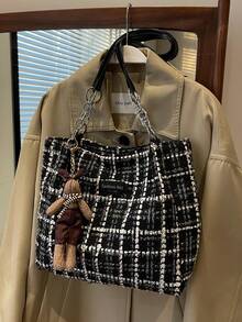 格紋和極簡風格鏈條手提袋,學生和大學裡的優雅休閑包 - 黑色 - 查看 5