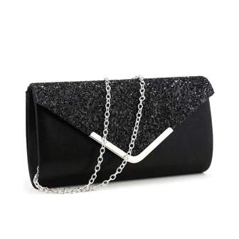 Valentine's Day Gift, Romantic Silver Clutch Bag With V-Shaped Metal Chain, Shiny Sequin Decor, Envelope Design, Suitable For Party, Wedding, Casual Occasions, Women Handbag, Formal Wallet