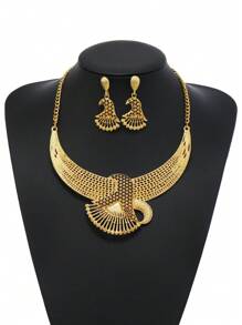 1套金色中空金屬項鍊和耳環套裝，防受損首飾套裝，適用於女性日常穿著和節日禮物 - 沙金 - 查看 1