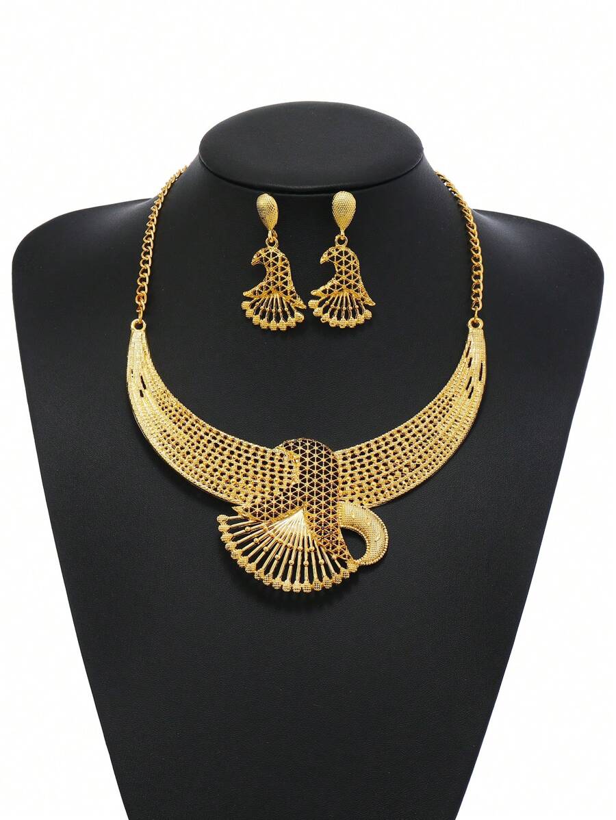 1套金色中空金屬項鍊和耳環套裝，防受損首飾套裝，適用於女性日常穿著和節日禮物 - 沙金 - 查看 1