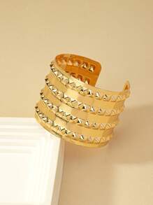 1pc Metallic Flower & Checker Plate Rivet Decor Wide Bangle Bracelet, Fashionable Design Suitable For Women, Great As A Gift For Friends - Yellow Gold - View 4