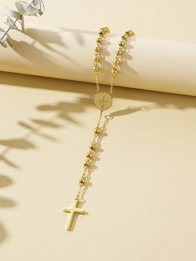1pc 6mm Stainless Steel Bead Necklace With Cross Pendant, European And American Style