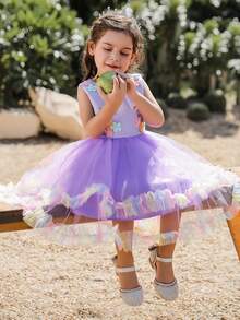 年輕女孩優雅可愛的連衣裙，採用網紗和緞面料製成，有3D花卉裝飾 - 紫色 - 查看 5