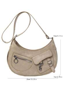 Modische Und Vielseitige Damen-pu-schultertasche Mit Reißverschluss, Einfarbig, Kann Als Handtasche, Schultertasche Oder Satteltasche Verwendet Werden - Beige - Übersicht 2
