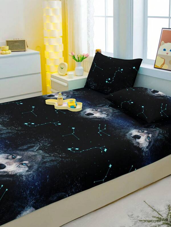 1pc Starry Night Wolf Printed Brushed Fitted Sheet, Bedroom Printed Bed Cover, Bedding