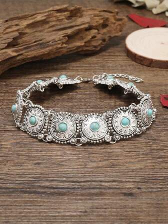 復古印花短項鍊,搭配樹脂嵌飾