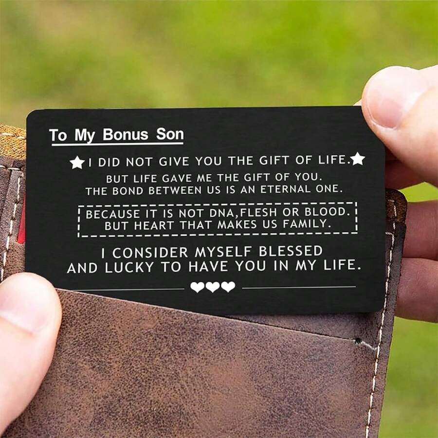 1張錢包金屬卡作為給繼子的禮物,從繼父或繼母刻字激光卡片,生日婚禮禮物,錢包內儀器裝飾 - 黑色 - 查看 1