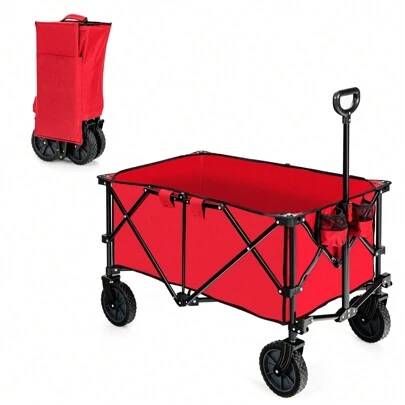 108 Cm L *57 Cm W* 105 Cm H  Folding Camping Wagon, Collapsible Beach Garden Trolley With Cup Holders And Adjustable Handle, Canvas Transport Utility Cart For Shopping Gardening Sporting Events