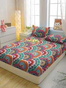 1pc Bohemian Pattern Printed Brushed Fitted Sheet, Bedroom Floral Bed Cover, Bedding