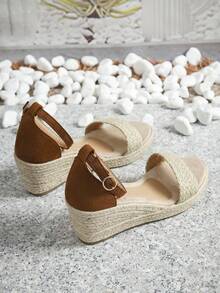 女式高跟楔形涼鞋,時尚圓頭漁夫風格編織草麻空心鞋帶式踝帶鞋 - 杏色 - 查看 7