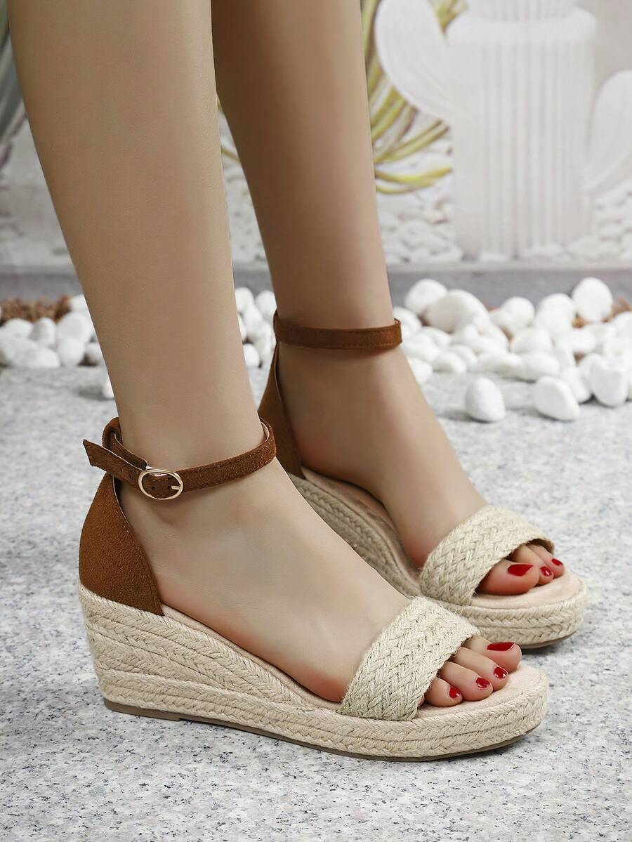 女式高跟楔形涼鞋,時尚圓頭漁夫風格編織草麻空心鞋帶式踝帶鞋 - 杏色 - 查看 1