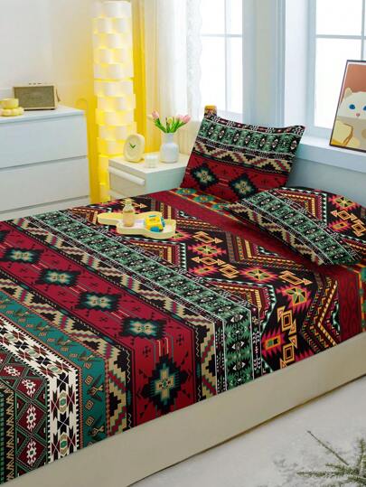 1pc Bohemian Pattern Printed Brushed Fitted Sheet, Bedroom Decoration Printed Bed Cover