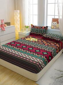 1pc Bohemian Pattern Printed Brushed Fitted Sheet, Bedroom Decoration Printed Bed Cover