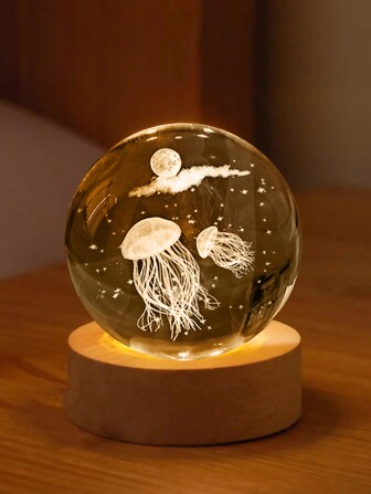 1pc Wooden Base Jellyfish & Oceanic Creature Shaped Glowing Crystal Glass Ball Decoration Table Display Night Light Birthday Gift Birthday Gifts Graduation