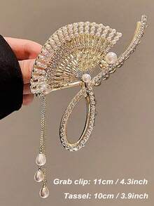 1入優質合金手工鑲嵌扇形流蘇金屬夾，鑲滿閃石，優雅的下吊吊飾髮夾，女士後腦勺珍珠抓夾，女式頭飾頭髮圈後腦勺抓夾，頭部碟形髮夾，髮夾後腦勺抓妝飾品 - 彩色 - 查看 8