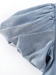 Annil Tween Girl Dress Summer Fashionable Lapel Puff Sleeve Denim Short Sleeve A-Line Dress Blue