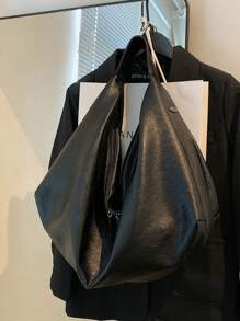Fashionable Minimalist Large Capacity Handbag, Soft Leather Casual Tote Bag, Retro Relaxed Style, Suitable For Daily Use, Crescent-Shaped - Black - View 6