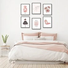 6 cái Màu hồng Thời trang Treo tranh In hoa Tối giản Treo tranh Trang trí Sợi dây Love Phòng trưng bày Tường Áp phích Cô gái Hoa Chai nước hoa Nghệ thuật Phòng ngủ Trang trí , Không có khung - Hồng - Xem 5