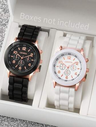 2st svart och vitt gummiband Casual Quartz Watch med rund urtavla, för vardagslivet som en present till elever som återvänder till skolan