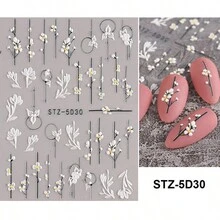 1 pieza de Calcomanías adhesivas de uñas acrílicas 5D con flores y líneas en relieve, encaje blanco, mariposa en forma de corazón, autodeslizantes, Decoración de uñas
