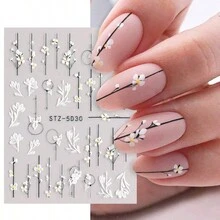 1 pieza de Calcomanías adhesivas de uñas acrílicas 5D con flores y líneas en relieve, encaje blanco, mariposa en forma de corazón, autodeslizantes, Decoración de uñas
