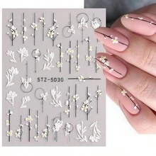 1 pieza de Calcomanías adhesivas de uñas acrílicas 5D con flores y líneas en relieve, encaje blanco, mariposa en forma de corazón, autodeslizantes, Decoración de uñas