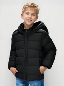 SOLOCOTE Tween Boy Lightweight Hooded Zip-Up Long Sleeve Padded Coat With Pockets - Black - View 1