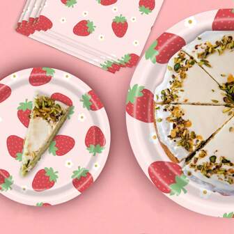 25件/套草莓主题派对7英寸盘子、25件/套9英寸盘子、25件/套餐巾、25件/套纸杯、25件/套吸管、草莓主题派对餐具装饰套装、圣诞节