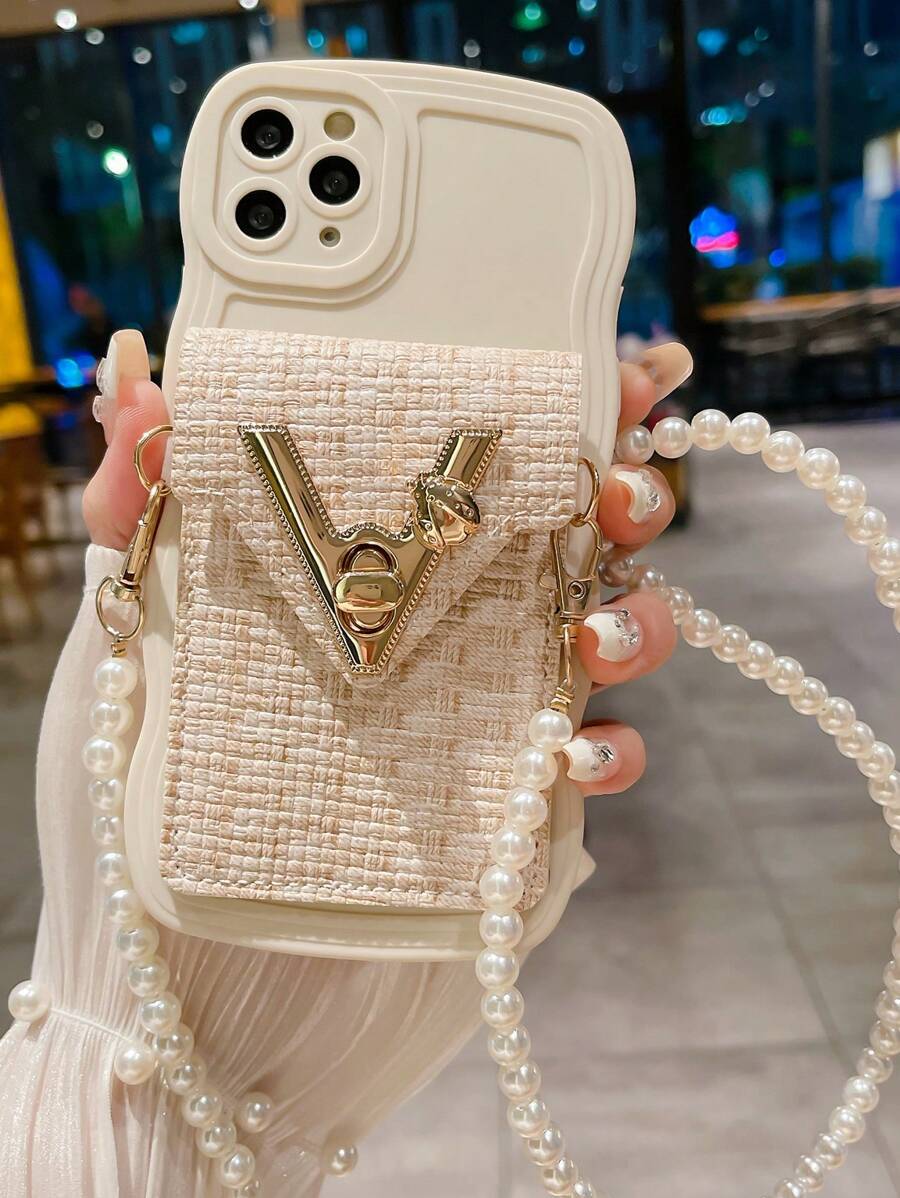1pc Fashionable Luxury Faux Pearl Chain Card Holder Case, Compatible With Apple 11/12/13/14/15/16/17 Pro/Pro Max, Creative Minimalist Full Body Protective Phone Case - Beige - View 1