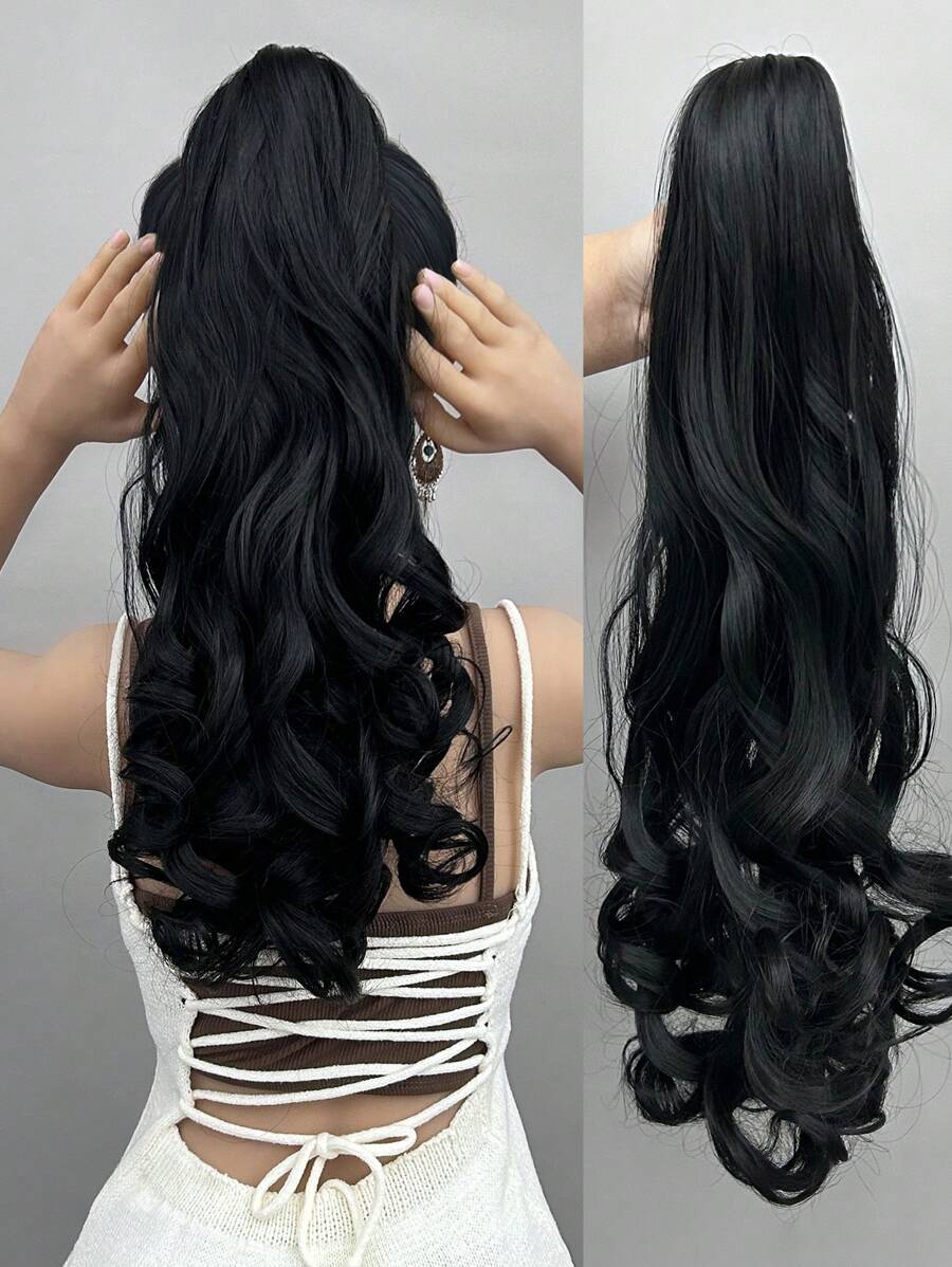 Chestnut Brown Claw Ponytail Hair Extensions 20-22 Inch Long Natural Wave Heat Resistant Fiber Synthetic Ponytail Wig Women Daily Use - Black - View 1