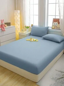 1pc Solid Color Brushed Fitted Sheet, Light Blue Bed Cover For Bedroom, Bedding