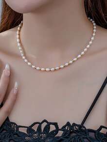 1 chiếc vòng cổ hạt ngọc trai nước ngọt tự nhiên bất đối xứng - Cổ điển, đơn giản, sang trọng, phong cách đại dương, cảm giác cao cấp - Phong cách hạt vàng - Xem 3