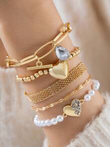 imoli 5pcs/Set Fashionable Oil Drip Devil's Eye Rhinestone Bracelet Set For Women, Party Gift (Chain Length Cut To Size, Slight Variation In Eye Bead Count And Oil Painting Color) - 25977-a - View 6