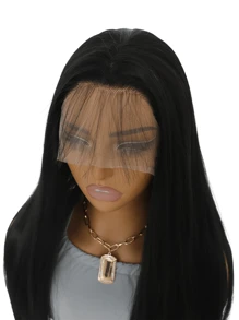 Black Long Straight Synthetic Lace Front Wigs Pre Plucked For  24 Inches 150 Density - Black - View 4