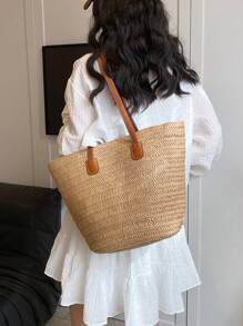 女士时尚编织手提包，大容量单肩手提包，百搭通勤外出水桶包，夏季女士度假包，假期，草编钱包，草编沙滩包，沙滩必需品，沙滩必需品，沙滩用品和夏季必需品，时尚柳条包，夏季时尚度假包