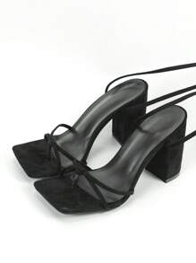 Women Black Square Toe Strappy Sandals Open Toe Cross Strap High Heel Shoes, Elegant And Comfortable With Thick Heels, Show Both Height And Long Legs, Suitable For Parties And Fashionable Occasions