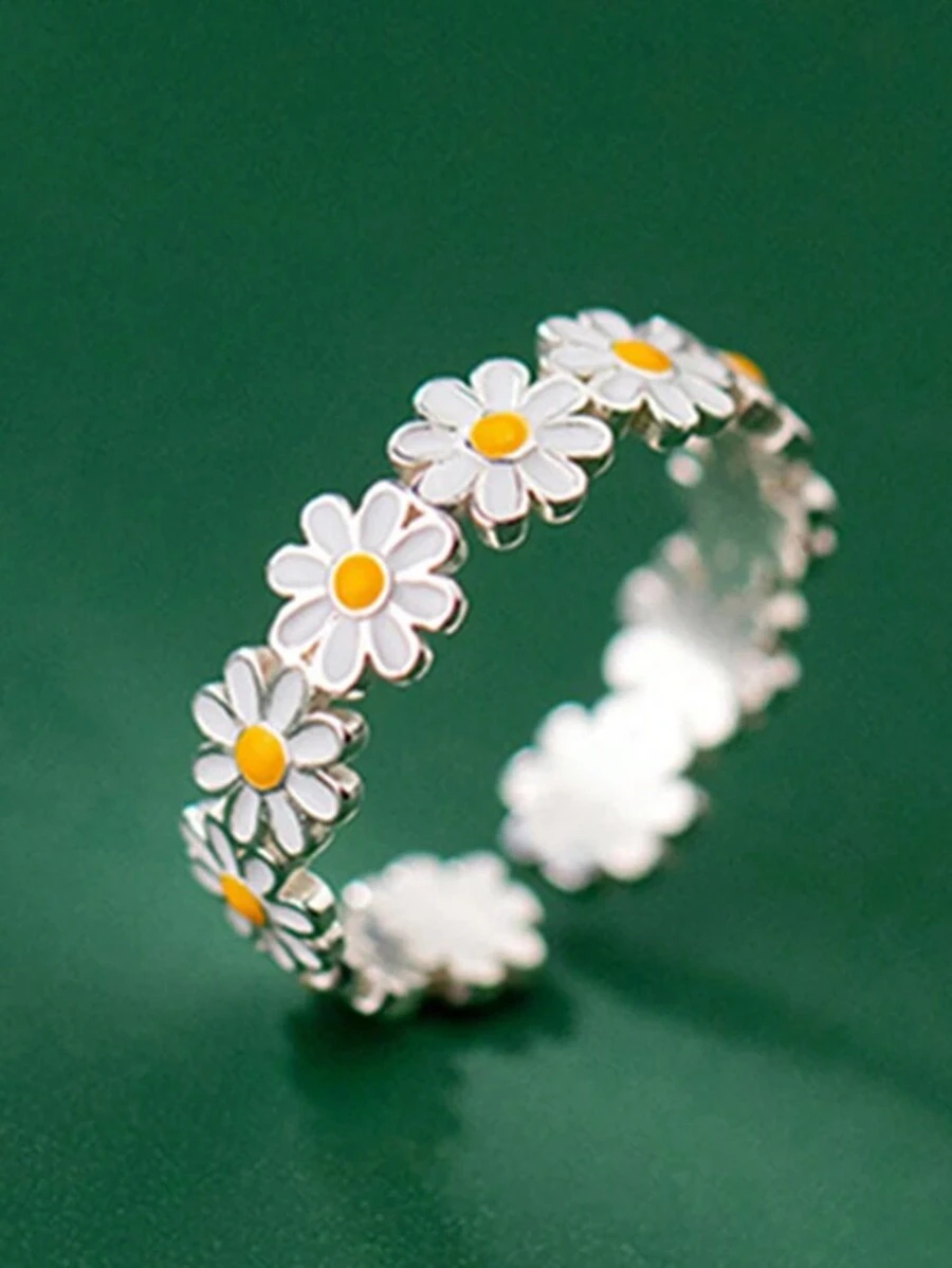 1pc Cute Daisy Ring For Girl, Enamel Sunflower Open Ring, Jewelry - Multicolor - View 1