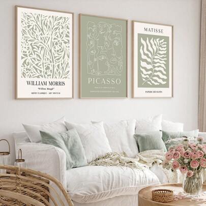 3pcs/Set Bohemian Green Abstract Geometric Plant & Portrait Collection Wall Art Canvas Print Set, Includes Matisse Wall Art, Picasso Art Print, William Morris Print, Gallery Wall Decor Set Posters, Green Room Decor Aesthetic Wall Art, Abstract Wall Art, Home Decor, No Frame Gifts Birthday Graduation