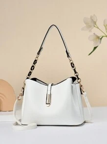 Fashion Solid Color Women Handbag, Women Chain Strap Crossbody Bag, Women PU Leather Shoulder Bag And Wallet, Bucket Wallet - White - View 6