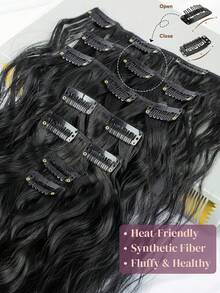 Synthetic Hair Extensions 7Pcs 16 Clips 22 Inch Clip In Black Hair Extensions For Women Thick Double Weft Wavy Soft Hair Wig - Black - View 4